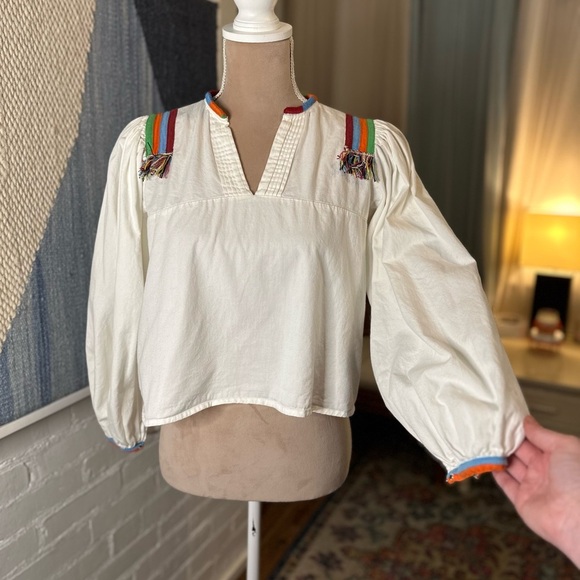 Urban Outfitters 100% Cotton White Babydoll Blouse with Rainbow Trim - Picture 2 of 8